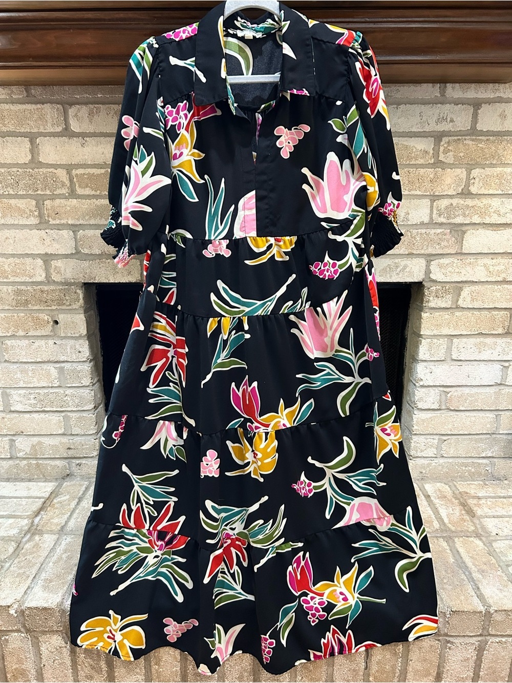 Umgee Black Dress with Green, Pink and Mustard Floral Print EUC